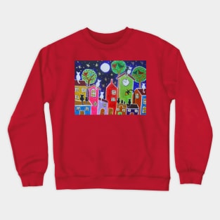 Cats Moon Gazing on Quirky Colourful Houses Crewneck Sweatshirt